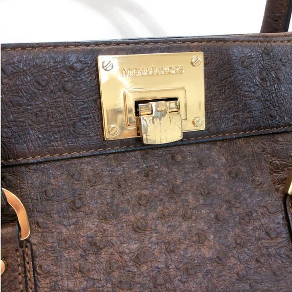 Michael Kors Astrid Mocha Ostrich Embossed Leather Large Satchel Bag - Picture 4 of 12